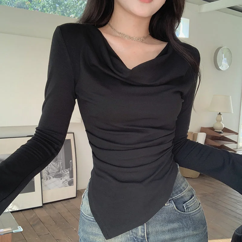 OUTZIDR Black Cowl Neck Assymetric Hem Top